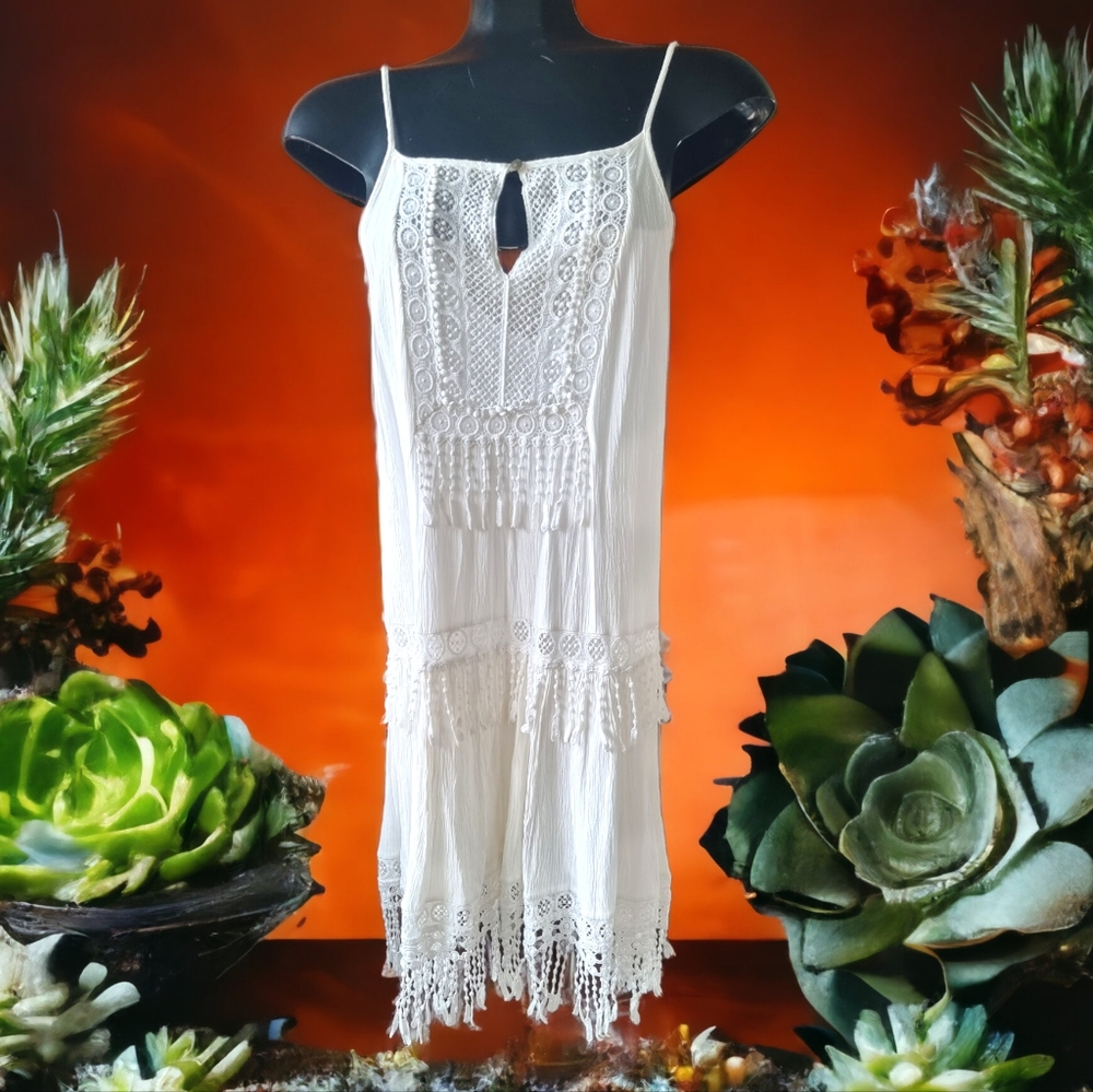 American Eagle White Boho Embroidered Lace Fringed Dress
